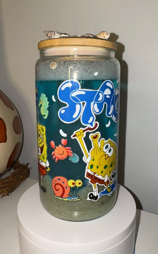 16oz Glass SpongeBob Ocean Cup w/ Decorated Lid